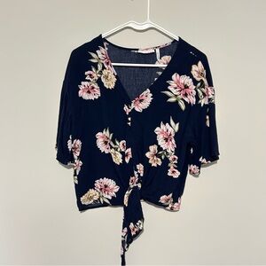 Stitchfix LUQ Medium Navy Blue Pink Floral Front Tie Blouse